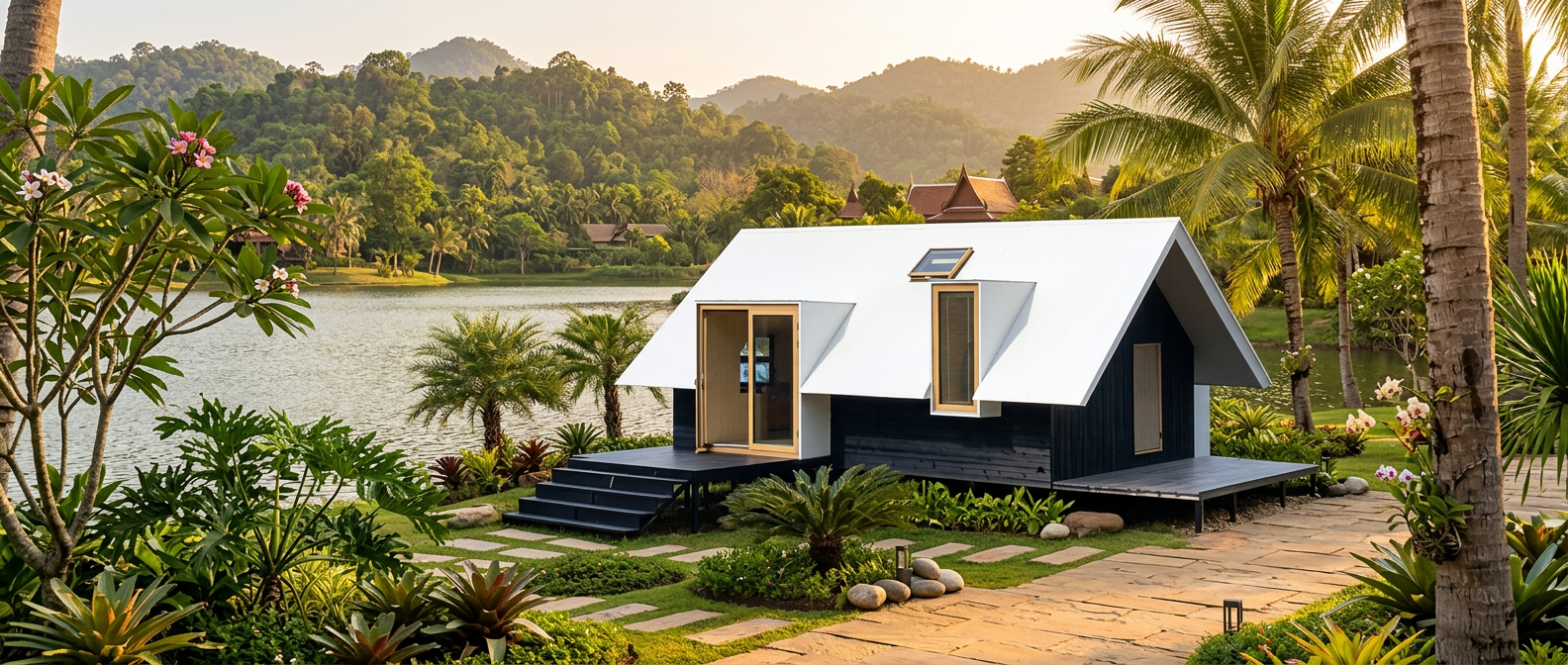A2 — supplied modular cabin exterior with the complete roof, walls and entrance visible