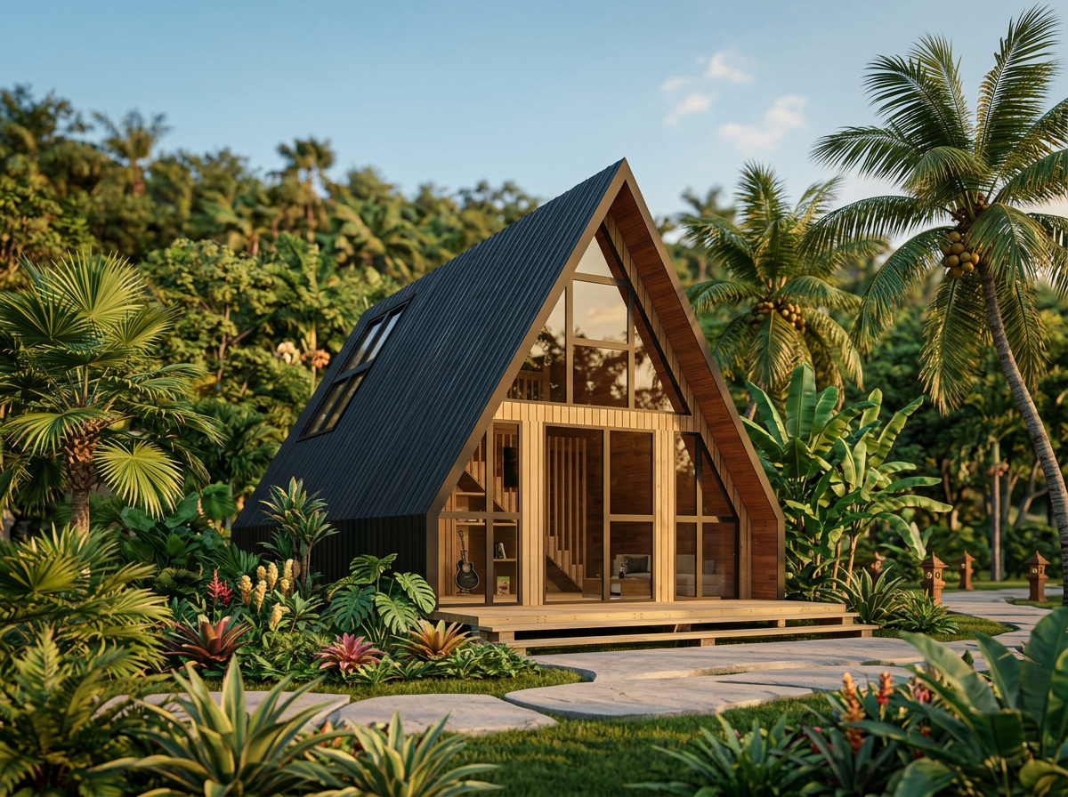 B1 — supplied A-frame cabin in a tropical resort setting