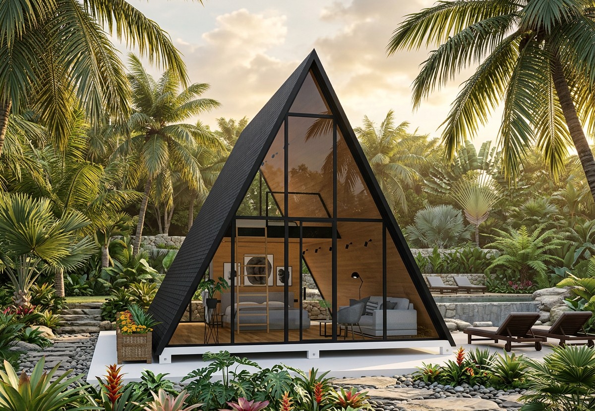 B2 — supplied A-frame cabin in a tropical resort setting